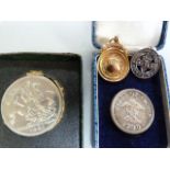 A 9ct gold medallion, a silver scouting badge, Festival of Britain medal and a coin