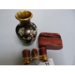 Pair of French opera glasses in leather case and a cloisonne vase
