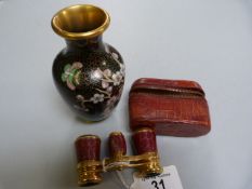 Pair of French opera glasses in leather case and a cloisonne vase