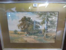 Watercolour of a pastoral scene, with a shepherd and sheep, signed Norman H Roberts