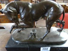 A bronze of a greyhound on plinth