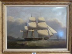 An oil on board attributed to Nicholas Condy (1793-1857) of a British Frigate at sea with a rowing