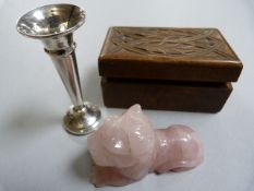 A silver bud vase, Rose quartz carved lion and stamp box.