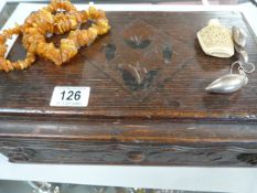 Inlaid oak box, Amber necklace, snuffbox etc