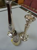 Hallmarked silver spill vase, silver candlestick and a small pot with silver lid