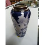A Hallmarked top blue and white posie vase - Silver top A/F