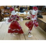 A large pair of Murano glass figures of dancers in Venetian costumes- male base repaired