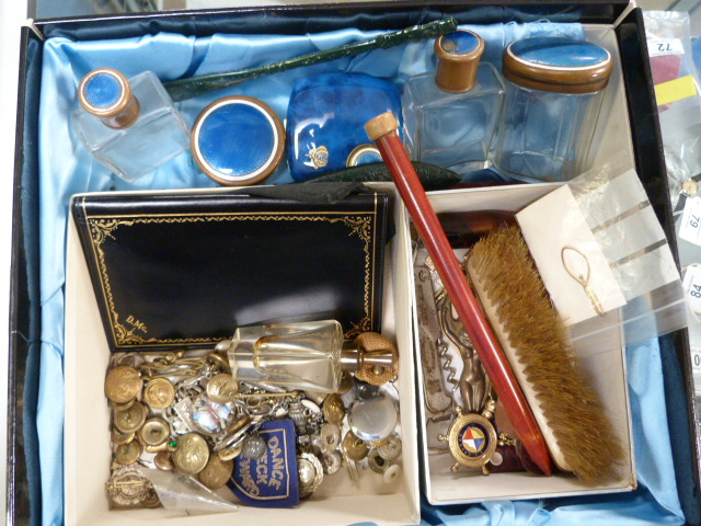 A misc lot of items, buttons letter openers and an enamel bedroom set