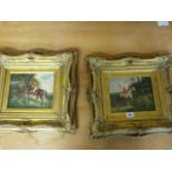 Pair of overpainted oils of hunting scenes in Gilt frames