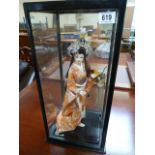 Oriental figure in glass case