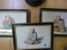 Set of three hand coloured prints of Oriental market traders with their wares
