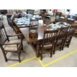 Large oak refectory table and seven chairs
