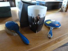 Gullioche Enamel mirror and brush and a mug