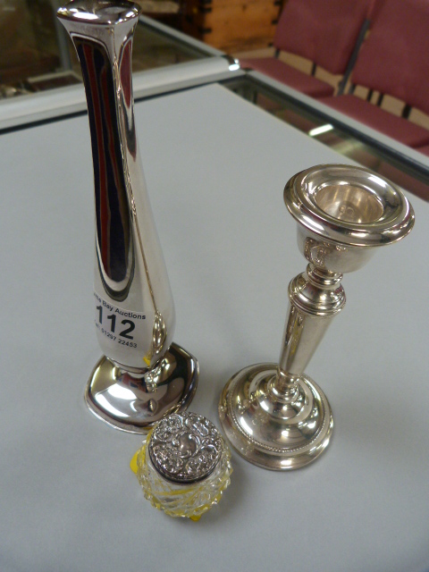 Hallmarked silver spill vase, silver candlestick and a small pot with silver lid - Image 3 of 3