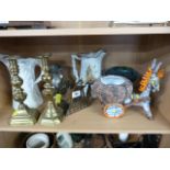 Small collection of interesting items, blue glass bowl, brass candlesticks, jugs etc