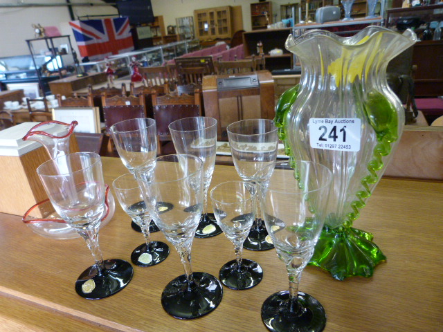 Two coloured glass vases and a set of misc glasses