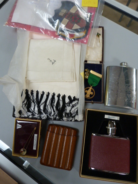 School badges, hip flasks, cigar case, medallion etc.