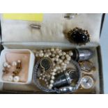 Cultured pearl necklace with hallmarked white gold clasp, 2 silver thimbles, various earrings,