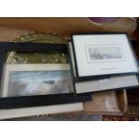 Four framed sketches of varying scenes and a brass plate