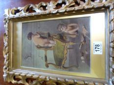 Watercolour of two children playing in ornate gilt frame