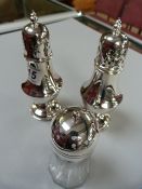 2 matching silver plated sugar shakers and one other