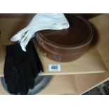 Leather collar box with a quantity of collars and vintage gloves