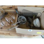 A box of misc items - barrel tap, glass lampshade etc (1 box)