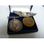 2 WW1 medals awarded to Private T Swinden ( Border Regt.) and a winged badge