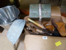 A quantity of vintage tools, shoe last and two stainless steel buckets
