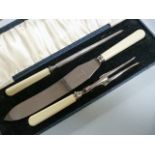 A Carving set and cased opera glasses