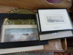 Four framed sketches of varying scenes and a brass plate