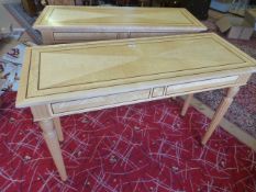 A pair of David Linley console tables made from Walnut, Sycamore and Ripple Sycamore