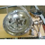 A silverplated bowl and hallmarked silver spoons in a tea caddy etc