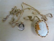 A hallmarked 9ct gold cameo brooch, a 9ct St Christopher on chain and a bracelet