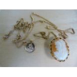 A hallmarked 9ct gold cameo brooch, a 9ct St Christopher on chain and a bracelet