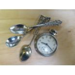 A Smiths pocket watch and three continental spoons