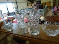 Large cut glass vase, decanters, bowls etc.