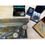 A quantity of vintage watches, crystal necklace etc