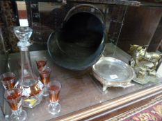 Copper coal scuttle, brass blacksmith ornament, silver plated warming tray and decanter and glass