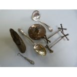 A pair of hallmarked silver knife rests, two silver, cane top, button hook etc