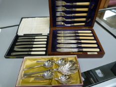 Two cased sets of silverplated cutlery and a set of Fish Knives and forks hallmarked in wooden case