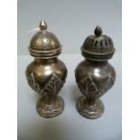 A pair of SCM salt and pepper shakers, marked underneath ORR, both marked with the crest "Deus Major