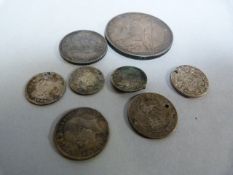 A Victorian crown, a half crown and various other silver coins