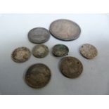 A Victorian crown, a half crown and various other silver coins