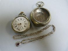 A chain with pendant marked 925, pocket watch A/F and one other case