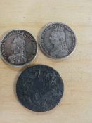 2 Victorian silver shillings and a copper halfpenny token of Portsea Hampshire 1796 ( poor