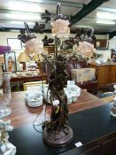 A tall bronze style lamp of an Art Deco style lady