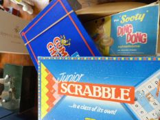 Various vintage games, including a "Sooty Ding Dong Xylophone" and a boxed Scalex boat