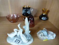 A Lladro figure of swans, one other and two Prinknash vases etc