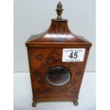 An inlaid fruitwood watch stand with brass finial and feet- key in office